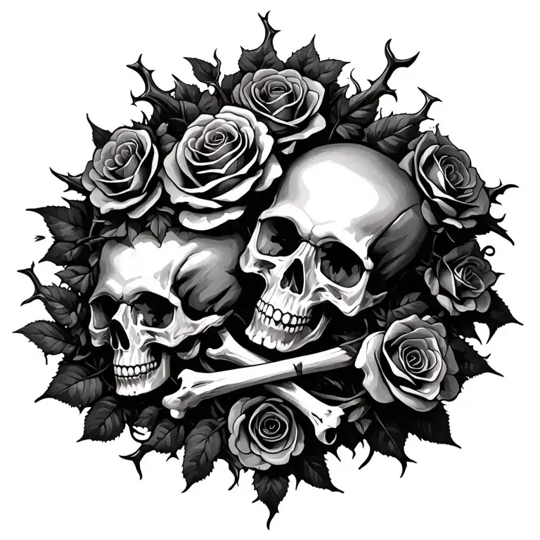 Bouquet Of Roses With Thorny Vines Wrapping Arround Skulls And Bones In A Grave Yard