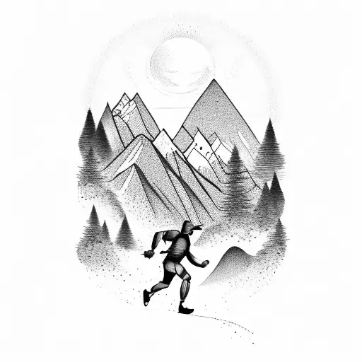 A Stylized Mountain Range With A Runner Sprinting Towards The Finish Line At Sundown
