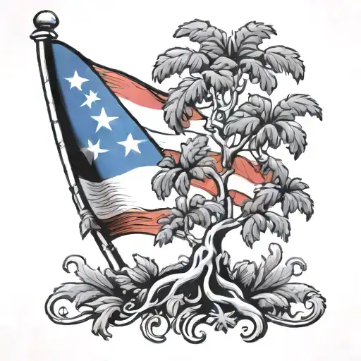 Puerto Rican Flag With Flamboyant Tree Growing