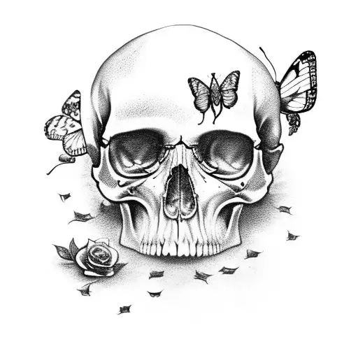Cracked Skull With Butterflies And Roses