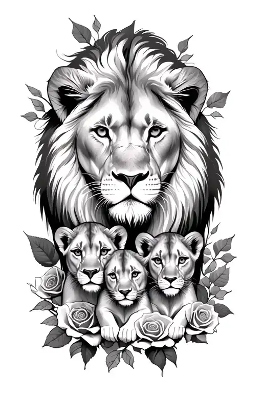 Lioness And Four Cubs Intertwined With Roses