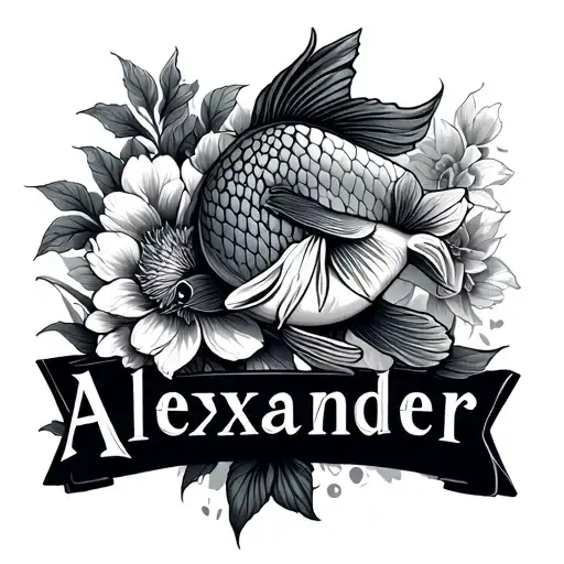 The Name Alexander With A Koi Fish And Flowers
