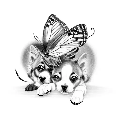 Dog Playing With 2 Butterflies