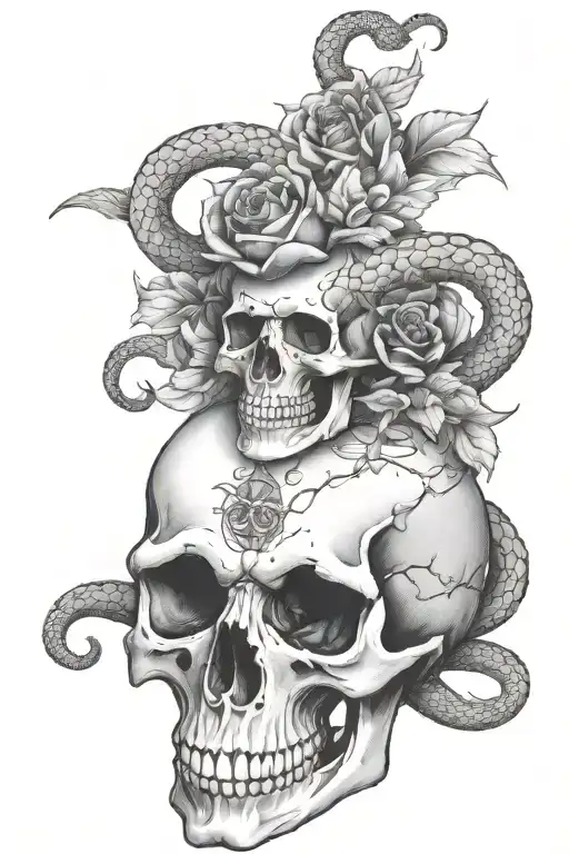 Ran Skull With Snake Wrapped And Florals