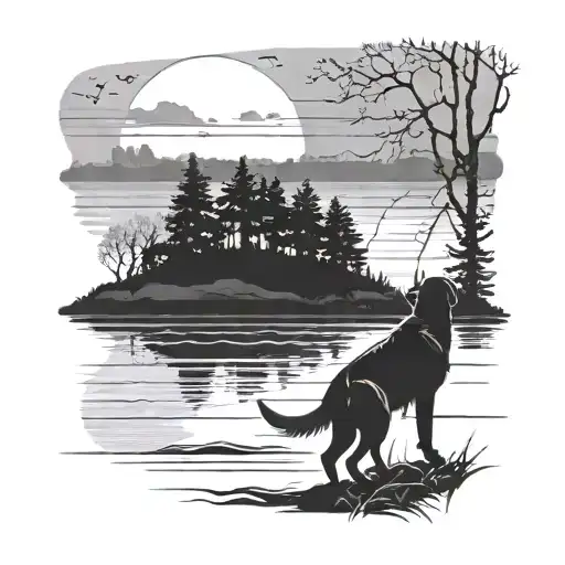 Silhouette Of A Man Standing Next To His Dog Over Looking A Lake