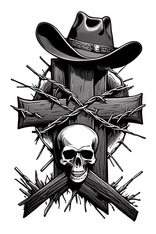 Cross With A Cowboy Hat And Barbed Wire With Skull At The Bottom Of The Cross