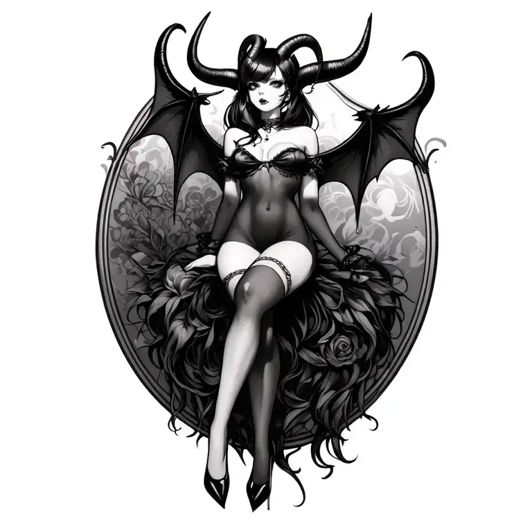 Anime Succubus With Horns Wearing Stockings And High Heels