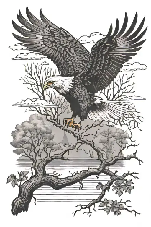 Eagle Soaring Over A Tree Wit A Raven Pierced On A Branch Looking Over A Swan Swimming In A Pond