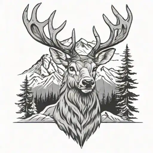 Big Stag Head With Antlers With Mountain Back Drop