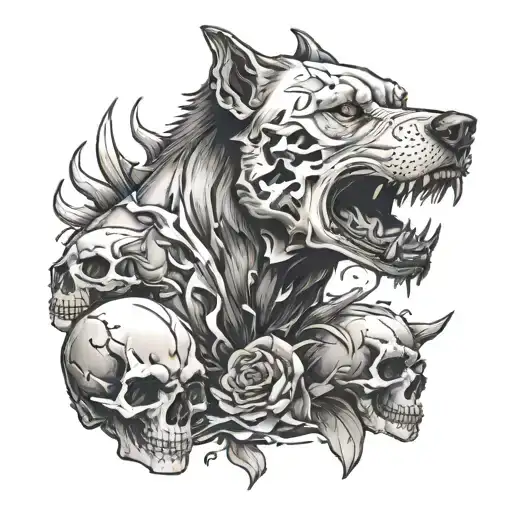 Vicious Dog Biting Down On Skull And Skull Pieces Shattering