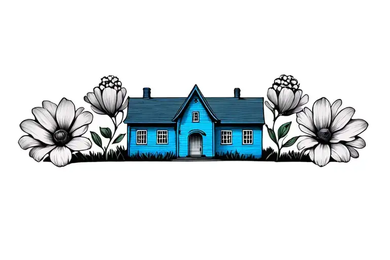 Little Blue House With 3 Flowers