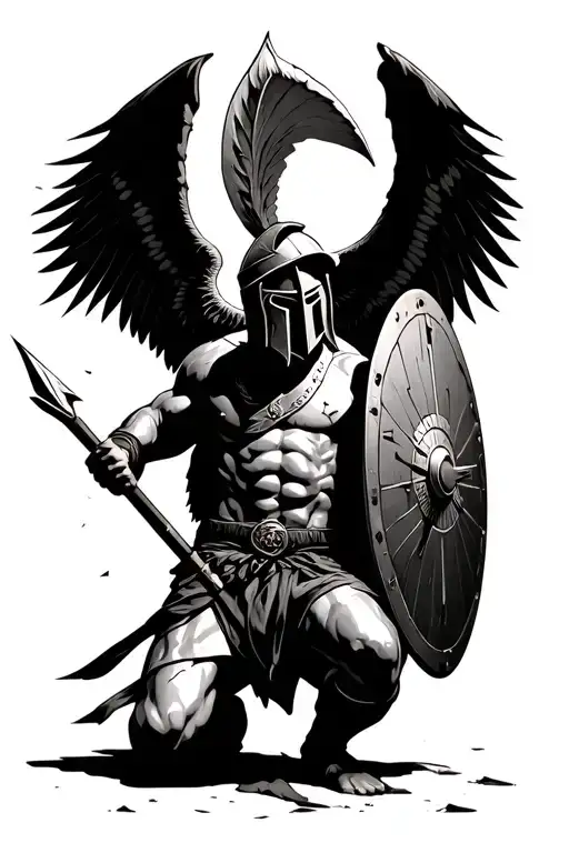 A Spartan On His Knees Holding A Spear With A Broken Shield And Wings