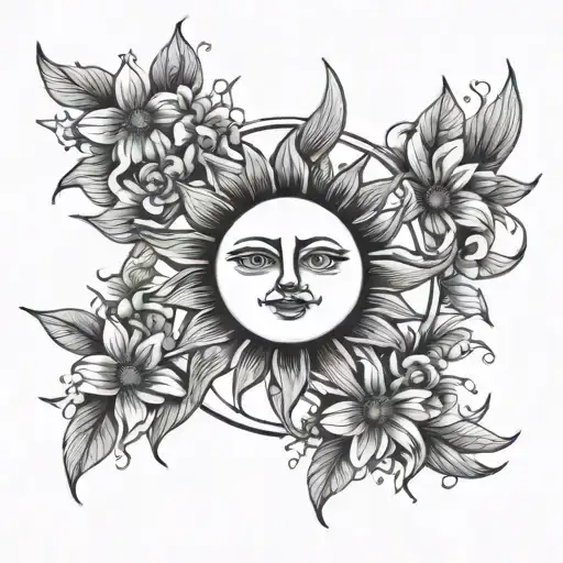 Tattoo Sun And Moon With Flowers
