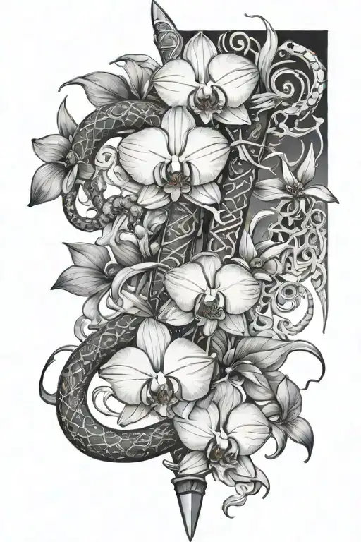 Orchids And Snakes Wrapping Around Sword Blade