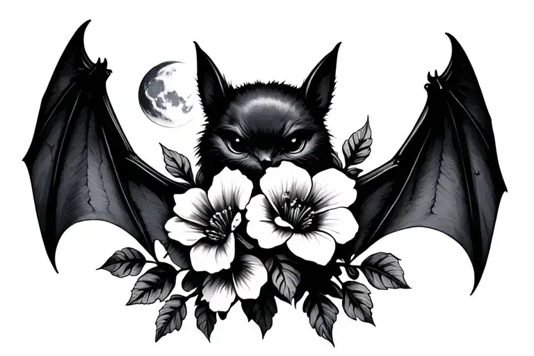 Bat With Open Wings Moon Flowers