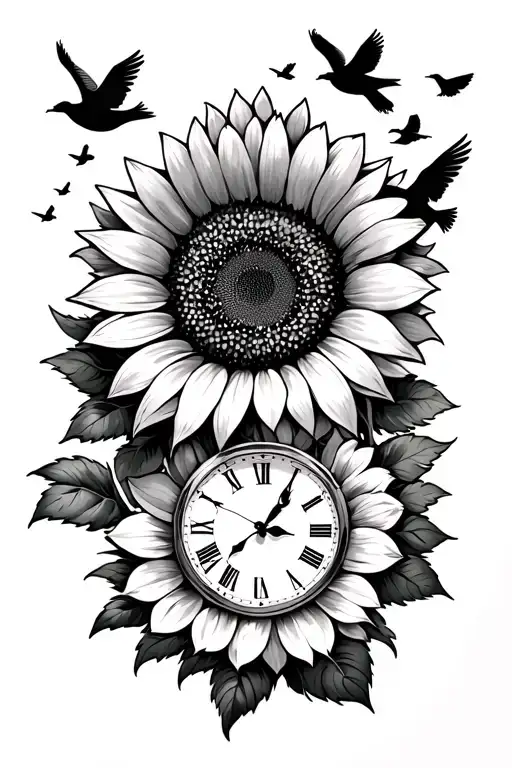Sunflower With Birds Flying Away At The Top With A Clock Flower At The Bottom Of Clock