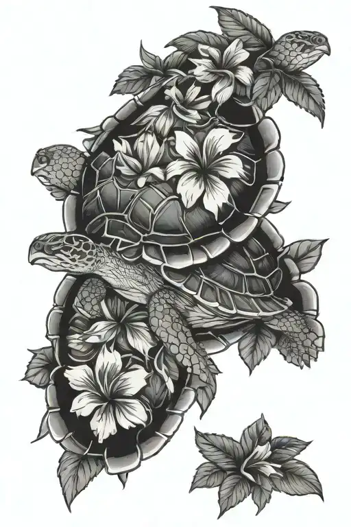 Turtle With Hibiscus Together With Foliage