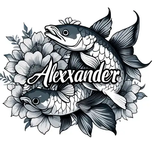 The Name Alexander With A Koi Fish And Flowers