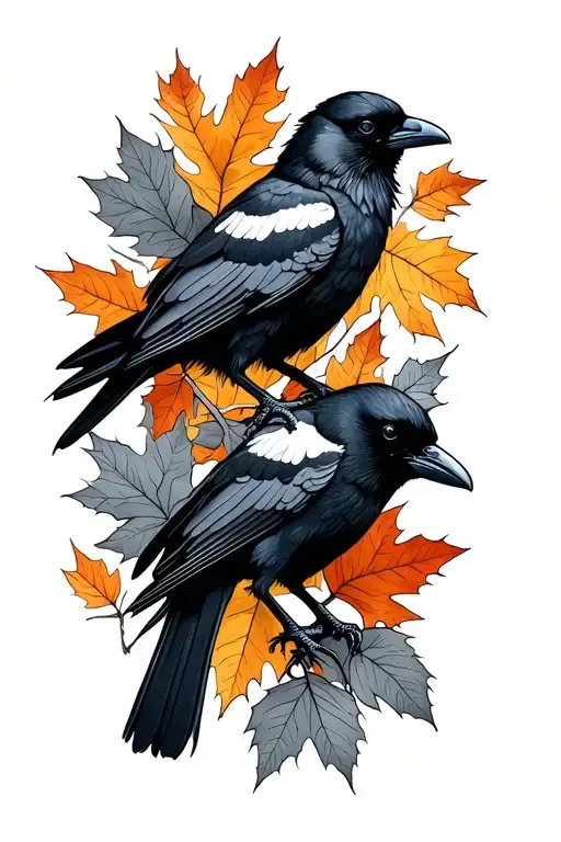 Fall Colored Leaves And Ravens Perched