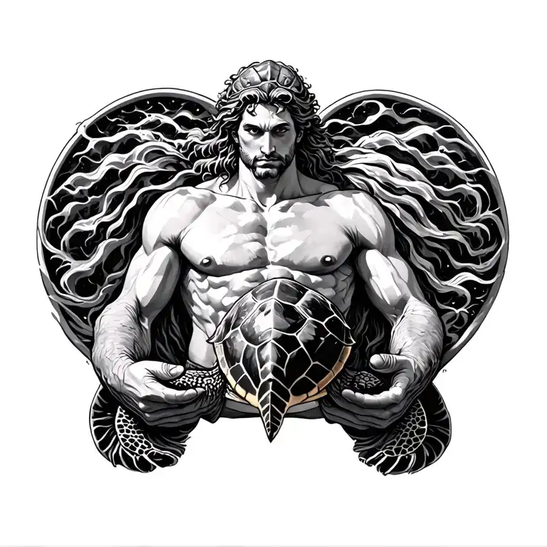 Poseidon At Sea Holding Turtle Shell