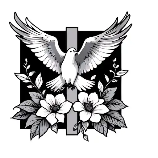 Dove Above Cross With Flowers Underneath