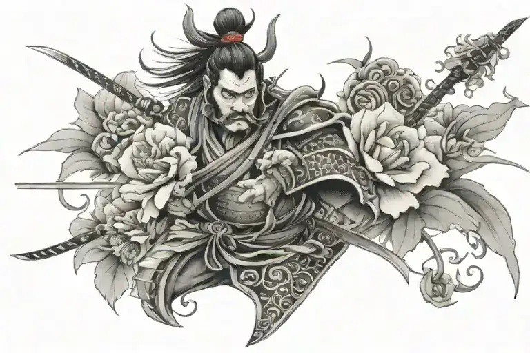 Below There Are Flowers With A Beautiful Transition To A Samurai