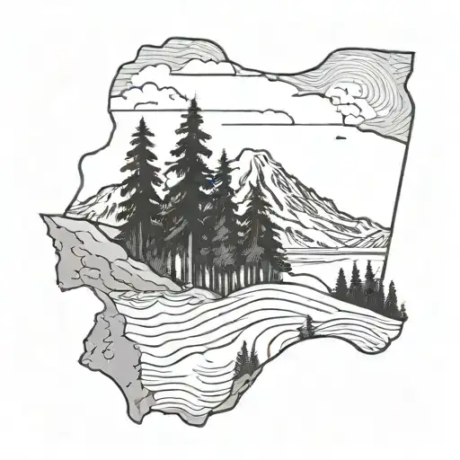 The Shape Of Washington State Outline With Mount Rainier Inside With Trees And Water