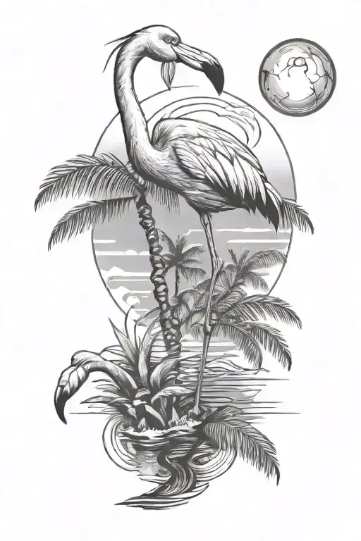 Flamingo And Palm Tree Ans Water And Sun