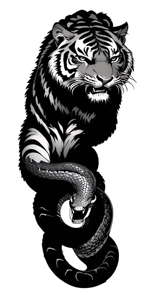 Tiger Fighting A Snake Japan Style