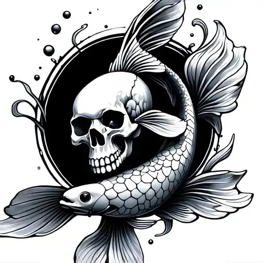 Koi Fish Swimming With Skull Wearing