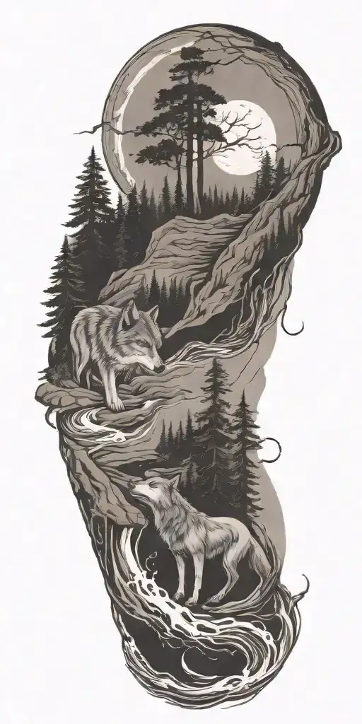 A River Winding Through A Forest With Wolf