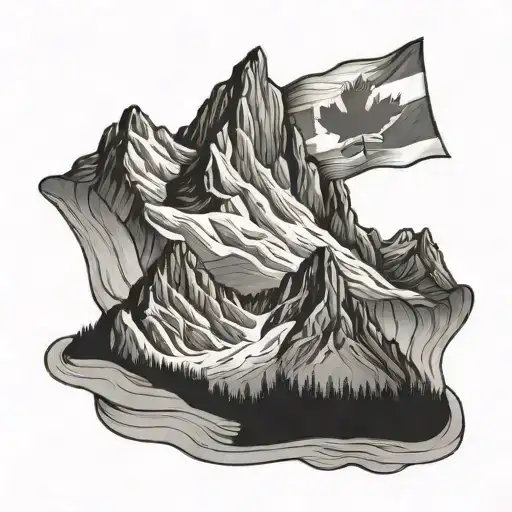 A Black And Grey Tattoo Of A Mountain Range With A Canadian Flag Waving At The Summit