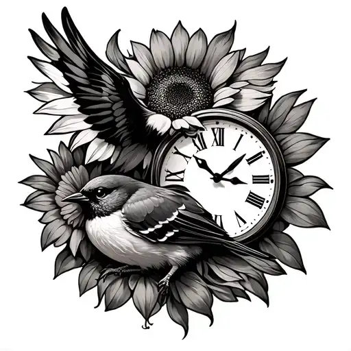 Sunflower Bird Flying Away And Clock With A Canarie Bird Sitting