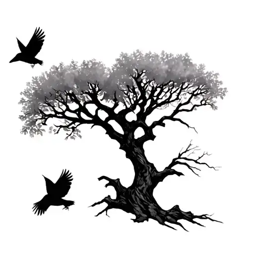 Leafless Tree With Crows Flying
