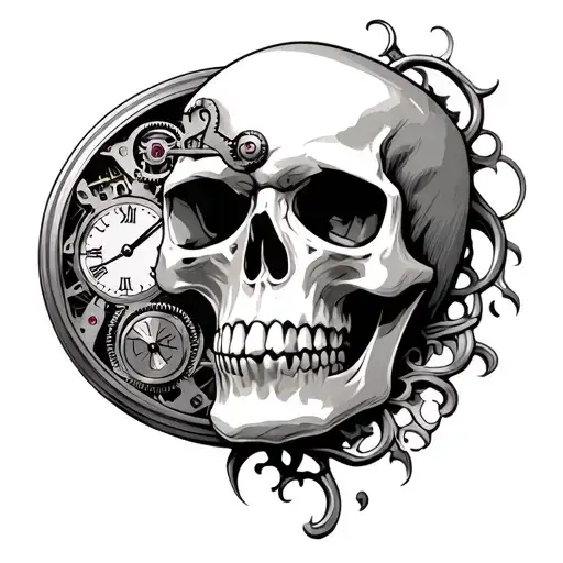 Skull With Pocket Watch Mechanism Intertwined