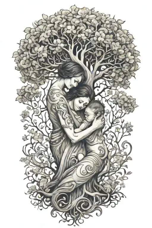 Mother Embracing Boy And Girl Tree Growing