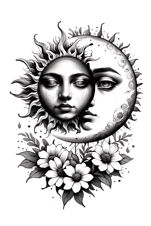Sun And Moon Together That Have A Face On Them With Flowers Growing