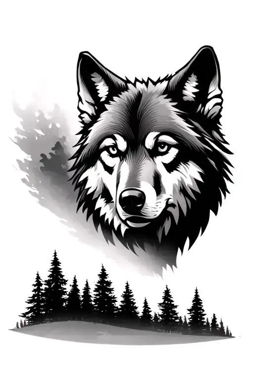 A Wolf Head Where His Fur Fades Into A Pine Tree Landscape