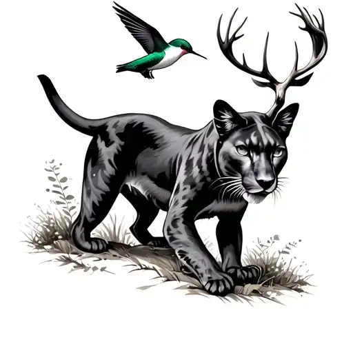 Panther Walking Towards With Hummingbird And Deer
