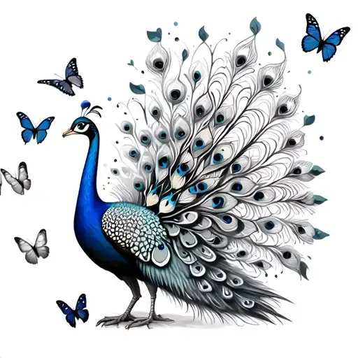Peacock Surrounded By Butterflies
