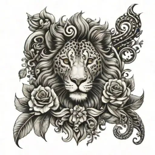 An Intricate Design Featuring A Lion And A Leopard Intertwined With Guns And Flowers
