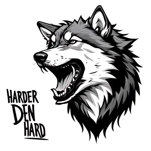 Wolf With Mouth Open With Words Inside Mouth Saying Harder Den Hard
