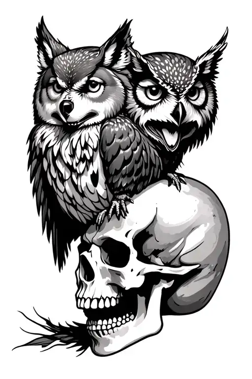Wolf And Owl Perched On Skull