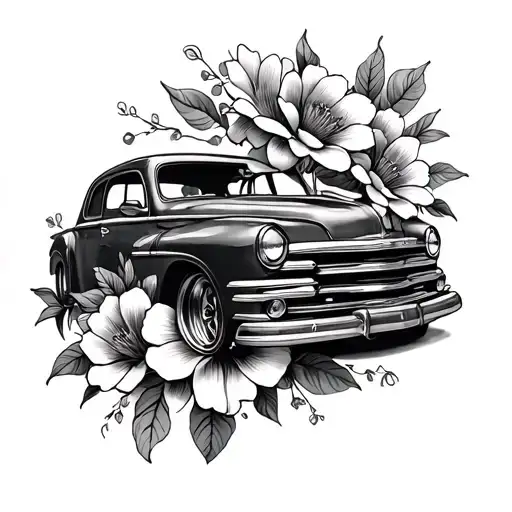 Long Spine Tattoo Flowers And Car Theme
