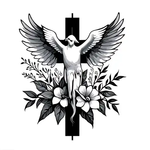 Dove Above Religious Cross With Flowers Underneath