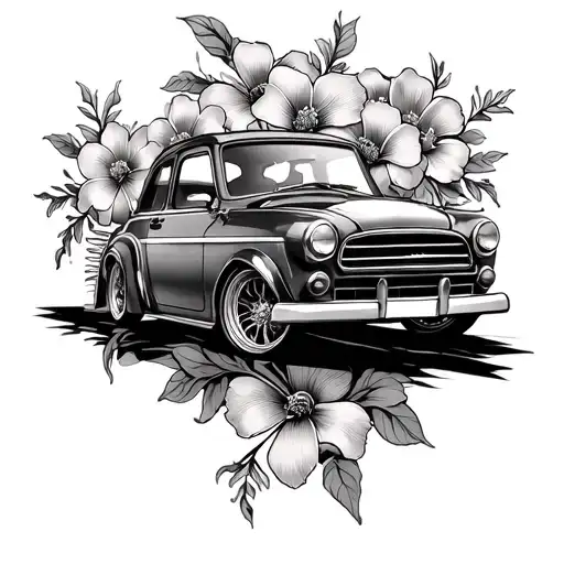 Vertical Spine Tattoo Flowers And Car Theme