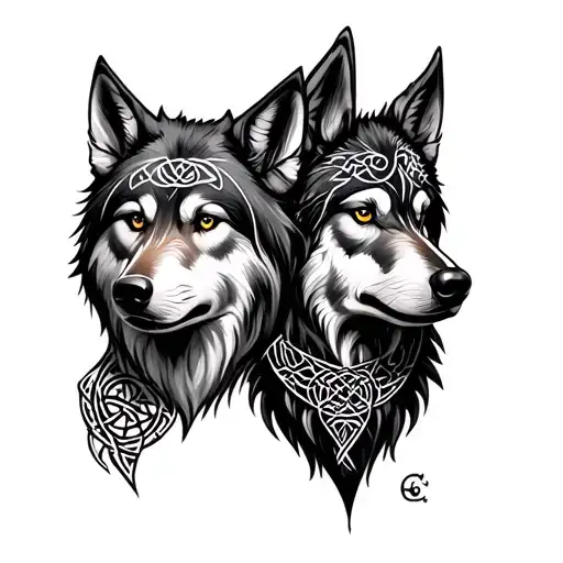 6 Wolves Celtic Design With Virgo And Gemini Zodiac Designs