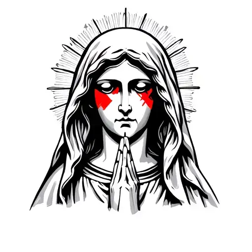 Praying Mary Statue Red Painted X Across Eyes Staring
