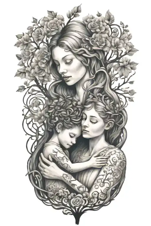 Mother Embracing Boy And Girl Tree Growing