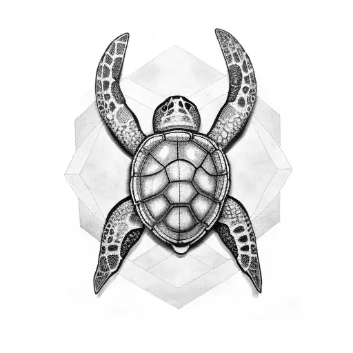 A Black-grey Tattoo Of A Turtle With Intricate Patterns Inspired By Scuba Diving Gear